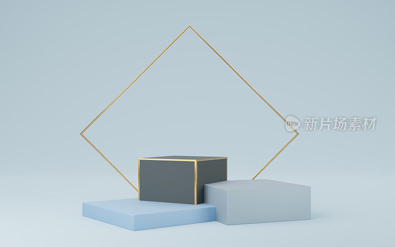 空的黑色和蓝色立方体讲台，金色边框和灰色背景上的金色正方形。抽象的最小工作室三维几何形状的对象。展示产品设计的实物空间。3 d渲染。